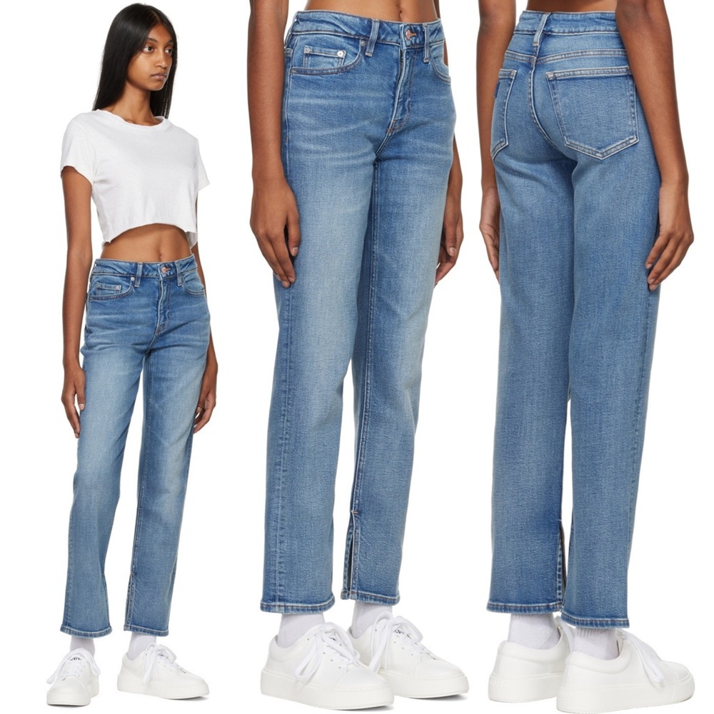 GANNI Beksi Straight Leg Jeans Pink Button Slit Hem Organic Denim 27 NWT